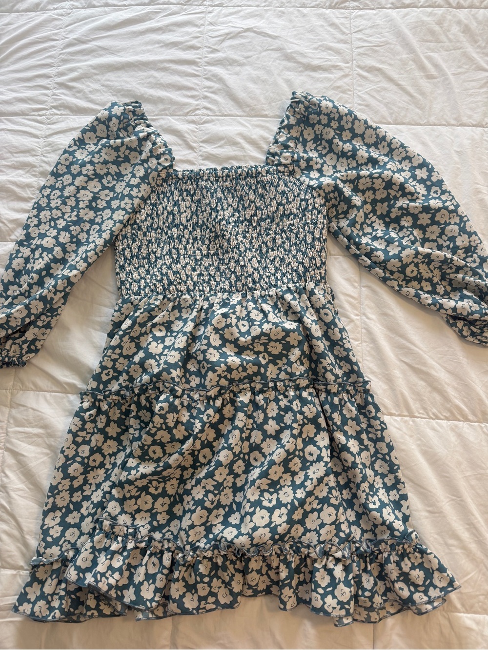 Pink Lily Blue Floral Smocked Dress with Puff Sleeves- never worn